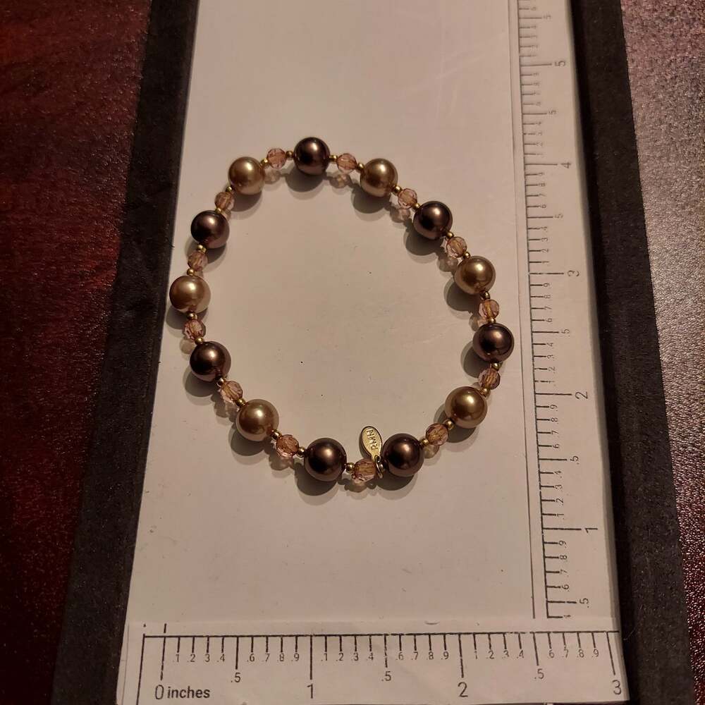 RMN Bronze Tone Faux Pearl Bead & Gold Tone Bracelet